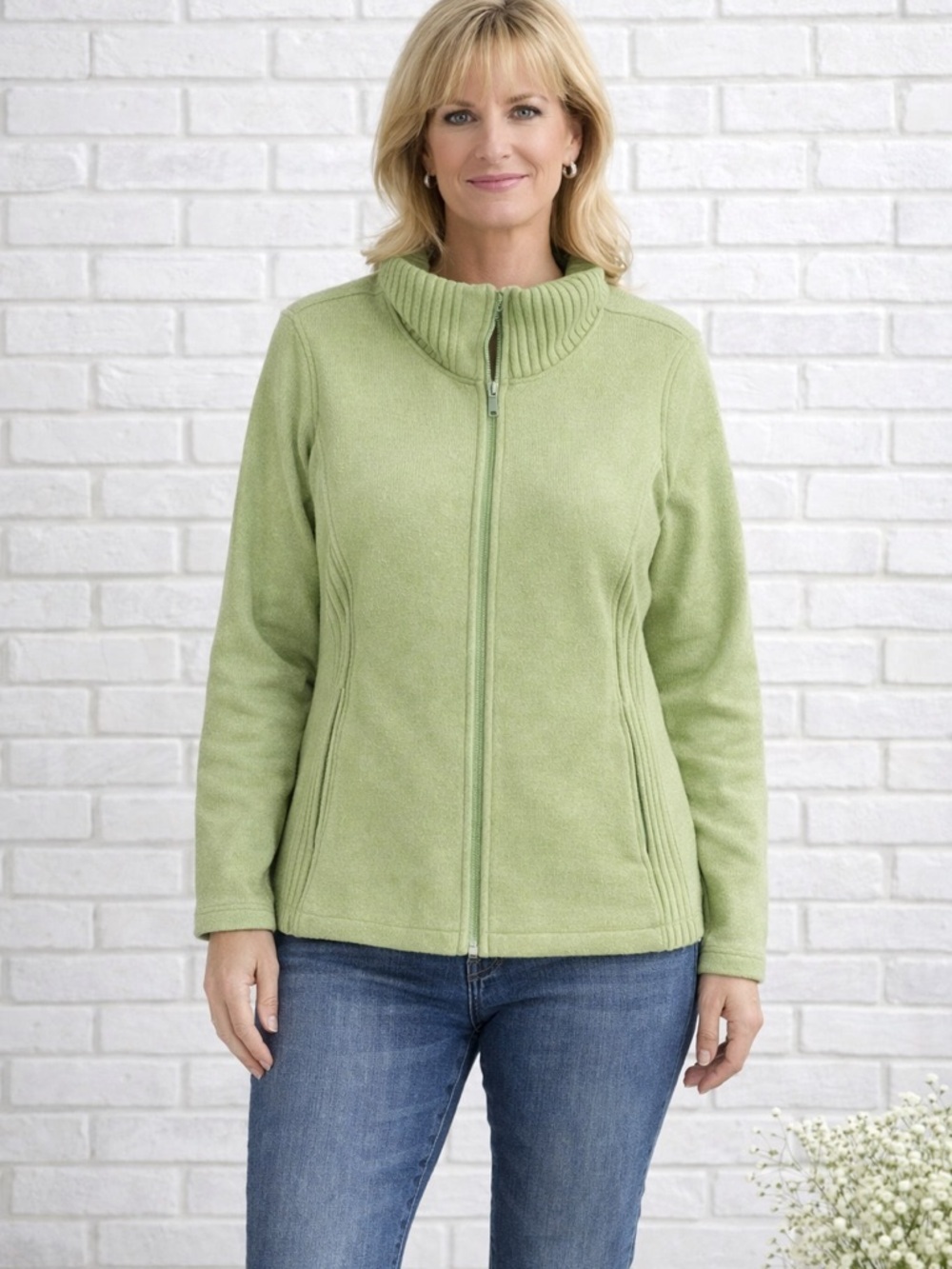 Eileen Fisher 100% Wool Green Zip Jacket Ribbed Trim Size S